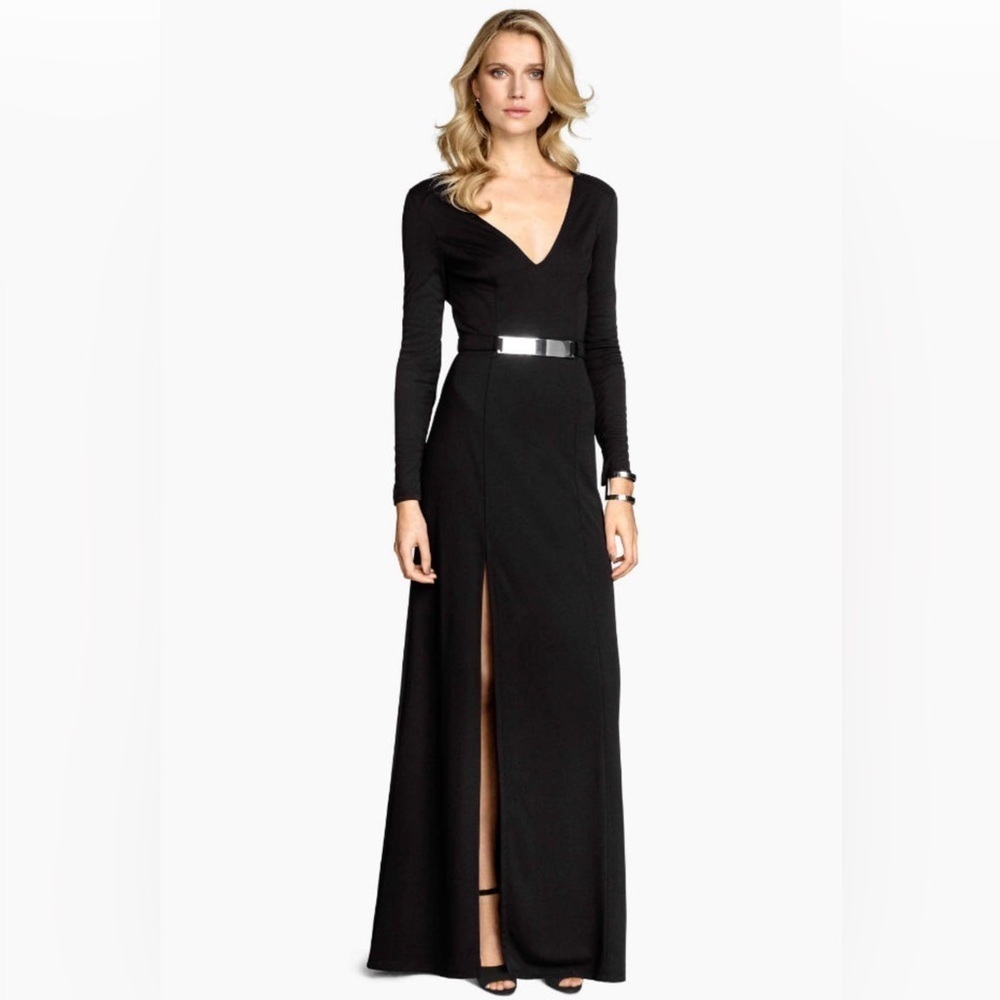 H&M Black Maxi Long Sleeve Slit Belted Gown V- Neck Formal Party Dress size 4